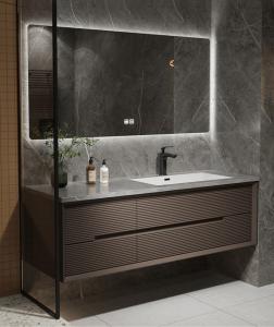 China Brown Wash Basin Bathroom Cabinet Matte Melamine Door Rectangular LED Mirror on sale