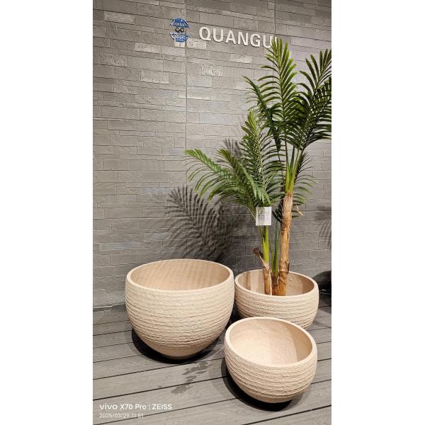 Round Fiber Clay Planter Natural Rustic Style Light Beige Striped Layered Effect