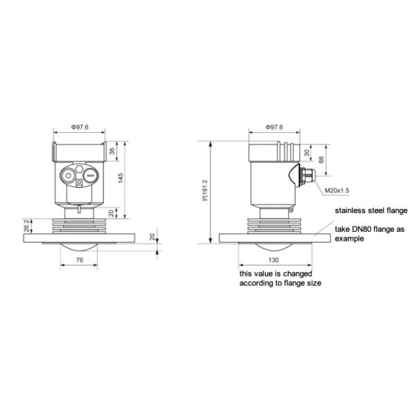 KLD800 Series 80G Radar Level Gauge PTFE Antenna Size Small Blind Spot