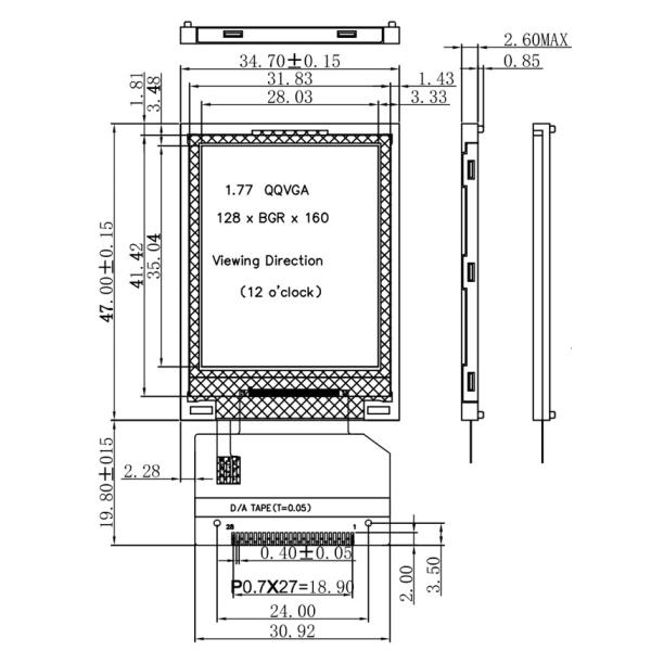 1.8 Inch Industrial TFT Display 128x160 Dots 16 Bit Interface With White LED Backlight