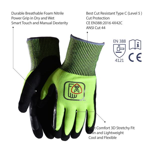 Yellow Cut Resistant Safety Working Gloves C Power Grip Rubber Hand Gloves For Construction Workers