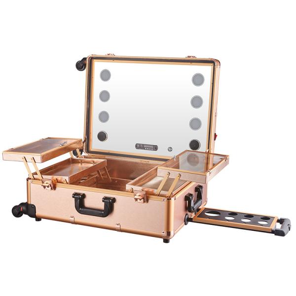 Quality Rolling Makeup Case With Mirror , Makeup Vanity Box With Mirror And Lights for sale