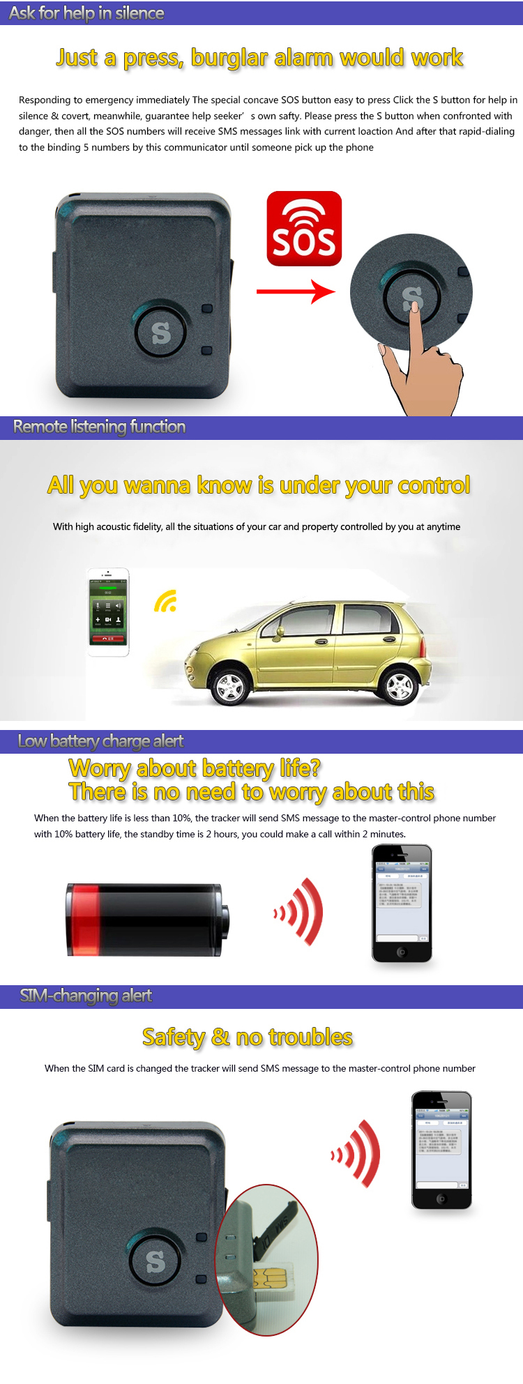 Sos panic button gps tracker with micro sim card for gps vehicle tracking system V8S