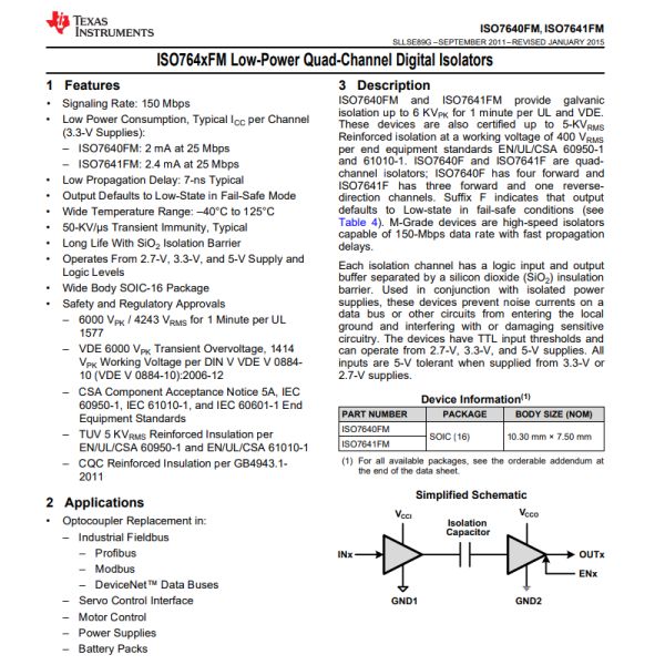ISO7641FMDWR Digital Isolator 4243Vrms 4 Channel 150Mbps 25kV/µs CMTI 16-SOIC