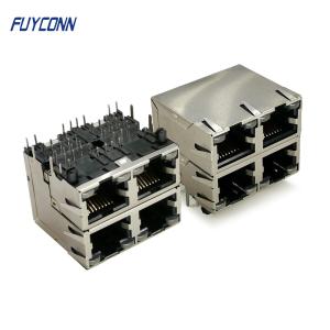 China 2x2 4 Ports PCB 32 Pin RJ45 Connector With Yellow Green LED Light on sale