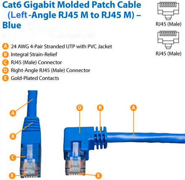Left Angle Network Data Cable / Cat 6 Patch Cable RJ45 Gold Plated Male Connector