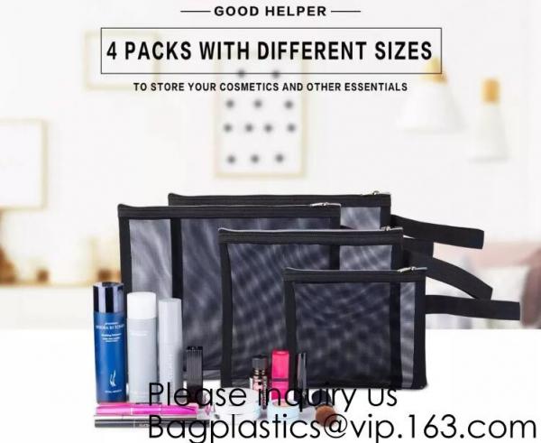 Zipper Mesh Bags, Pack of 4 (S/M/L & Pencil Pouch), Beauty Makeup Cosmetic Accessories Organizer, Travel Toiletry Kit Se