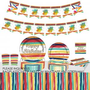 China 8 guests Birthday Party Tableware Decoration Set Rainbow Theme Tableware Paper Plate Supplies on sale