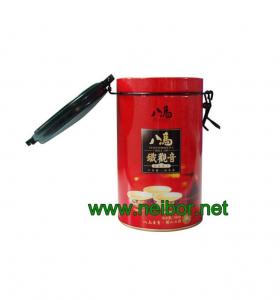 round tea tin box with airtight plastic lid and metal clasp