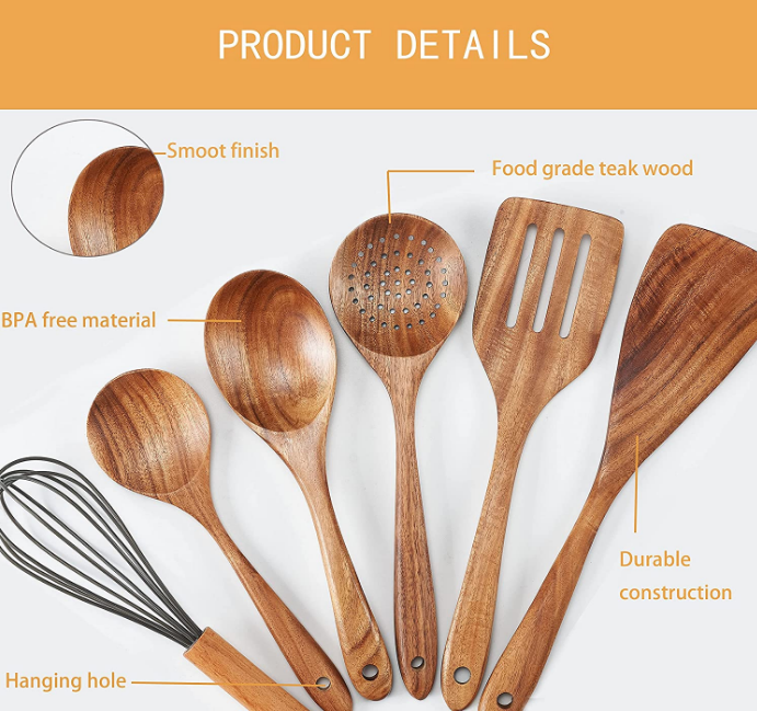 FDA Wooden Kitchen Utensil Set , Reapplicable Natural Teak Wood Utensils