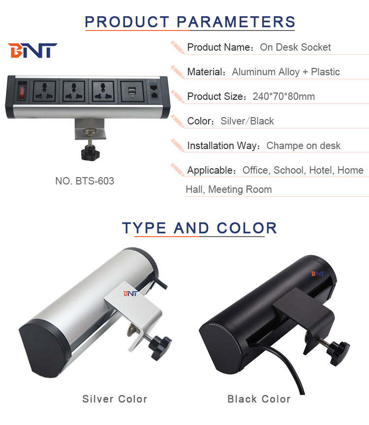 Fix on desk edge conference table power outlet with customized module