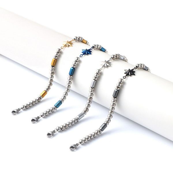 (Customized) Stainless steel men's bracelet, octagonal star Persian style trendy men's black stone bracelet