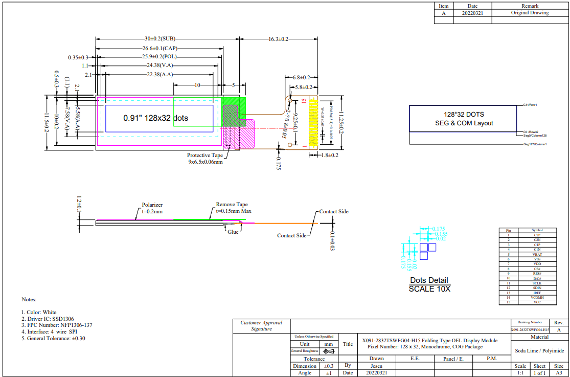 0.91'' 128x32 Mono OLED Screen SSD1306 Interface 14 Pin White Monochrome