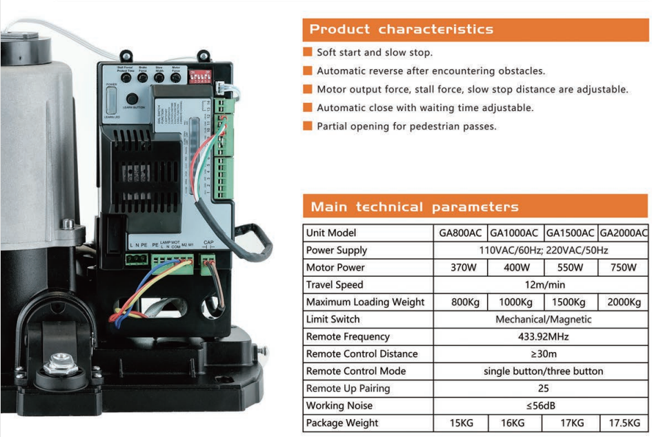 1000KG 400W Motor Power AC220V 110V Sliding Gate Operator GA1000AC