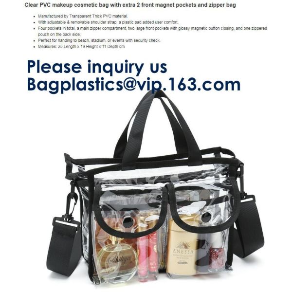 Clear PVC Bag With Zipper Interior Pouch And Detachable Shoulder Strap,Cosmetic Tote Bags With Zipper Closure, bagease
