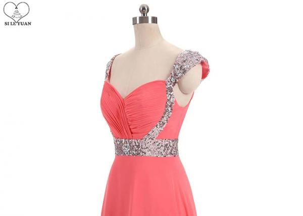 Silver Sequin A Line Ball Gown , Coral Red Chiffon Sweetheart Backless Prom Dress