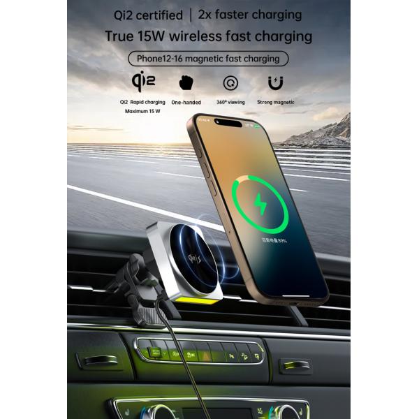 Q2 Wireless Charger All-Metal Design 15w Fast Charging Car Magnetic Wireless Charger Ambient Light Projection