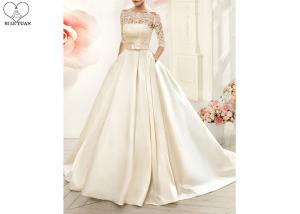 Wholesale Cream Laces Satin Ball Gown Wedding Dress With Sleeves Back Zipper And Buttons from china suppliers