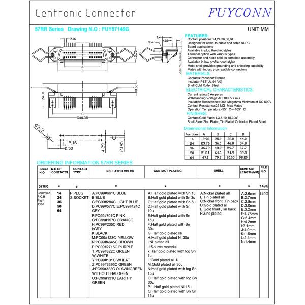 50 Pin Centronic PCB Right Angle Female Connector with Spring Latches and Board lock