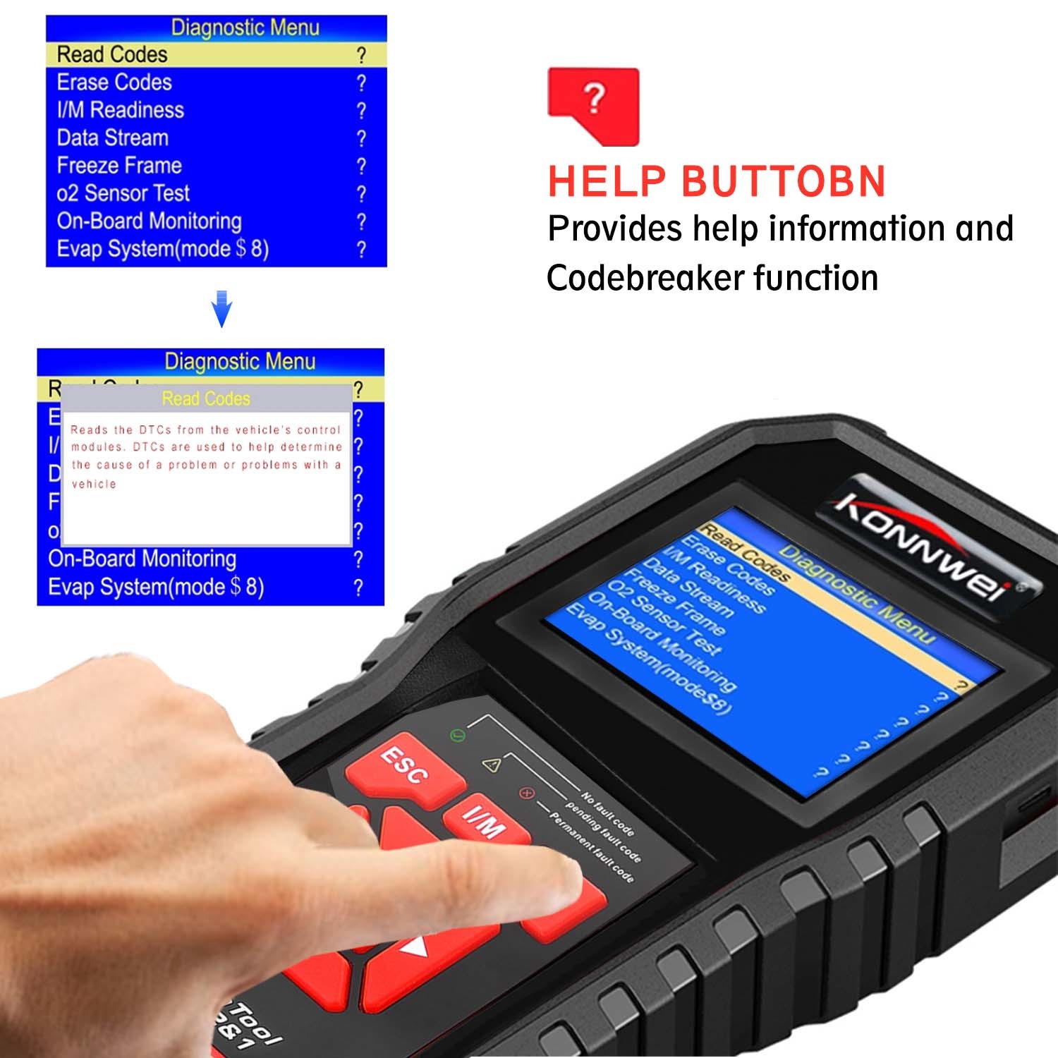 Red KONNWEI KW850 Auto Diagnostic Tool Obd2 2.8 Inch LCD Color Screen