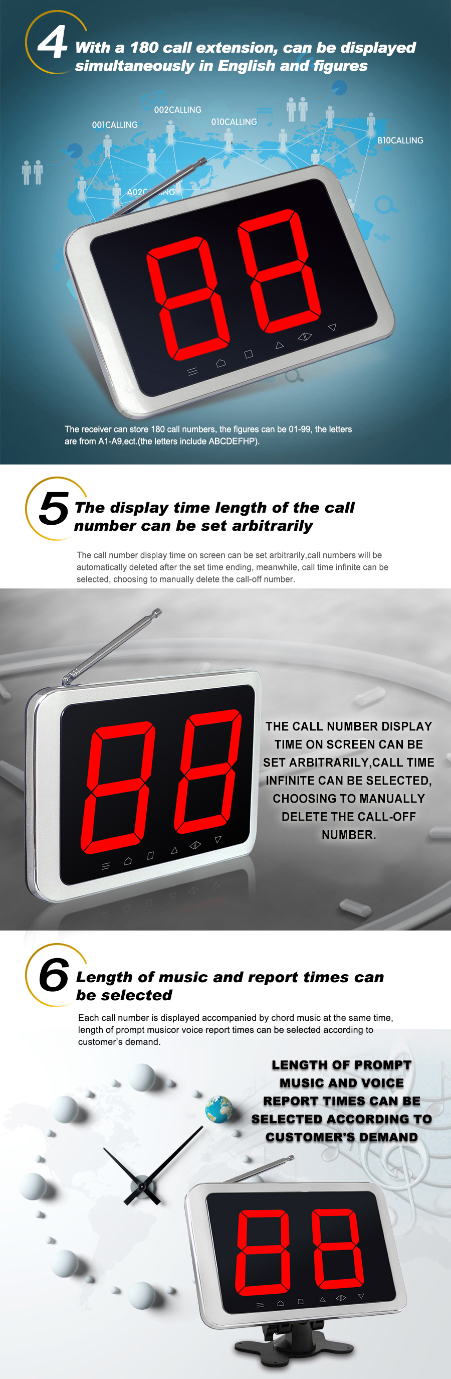 Wireless smart long range restaurant table calling system display receiver and call button