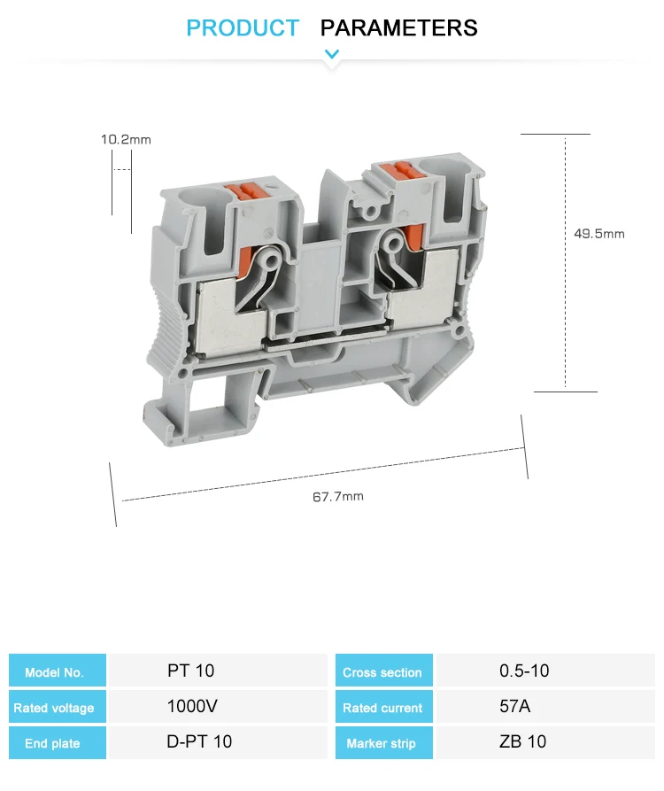 PT10 Push-in Terminal Block Din Rail Wire Electrical Connector 10mm² Spring Screwless Feed-Through Strip Plug PT-10
