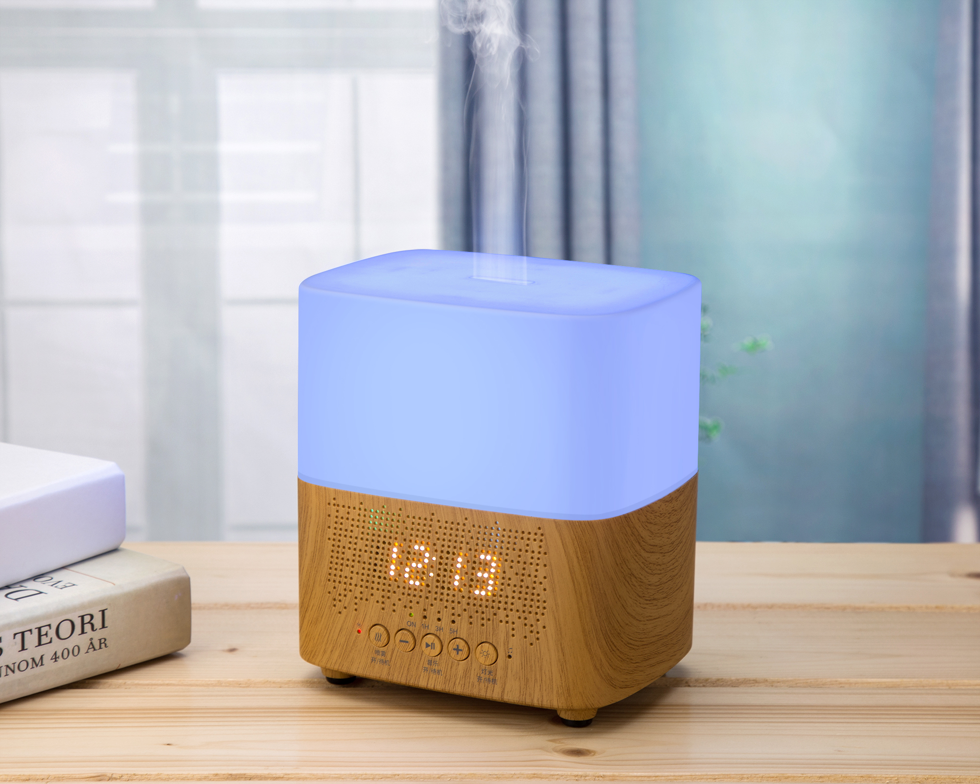Wood Color 300ml Bluetooth Speaker Aroma Diffuser With Clock