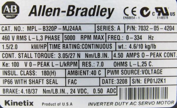 Quality ALLEN-BRADLEY MPL-B320P-MJ24AA MP-Series MPL 480V AC Rotary Servo Motor for sale