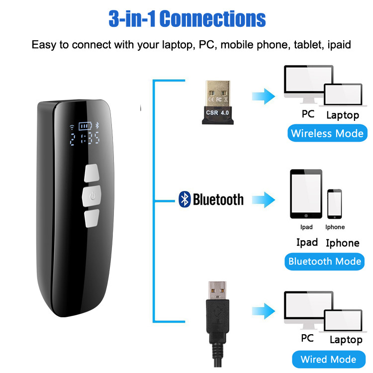 Bluetooth 1D Mini Barcode Scanner Portable For IPad IPhone PC Windows Android IOS