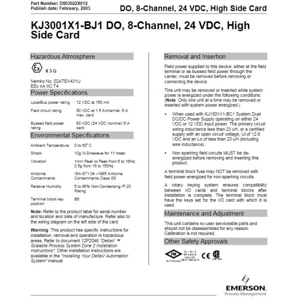 KJ3001X1-BJ1 Emerson DO 8 Channel 24 VDC Delta V High Side Discrete Output Module Card