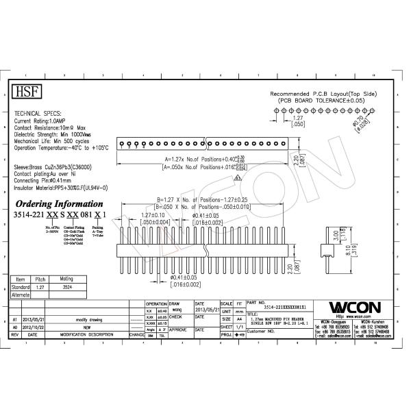 WCON 1.27mm Pitch Round Pin Header Single Row 1*40P Straight height 2.2mm length 8.1mm Connector