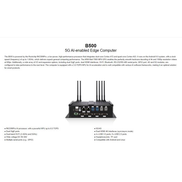 B500 5G AI-enabled Edge Computer Hexa-core RK3399 Pro processor 3.0 TOPS Al Computing