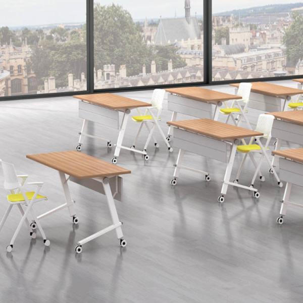 Movable Foldable Training Table Water Resistant Wood Grain Color With Shelf