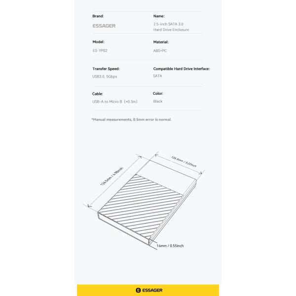 ESSAGER ES-YP02 2.5 Inch SATA SSD HDD External Hard Drive Enclosure with 5Gbps Speed USB 3.0 and Dual-protocol Boost