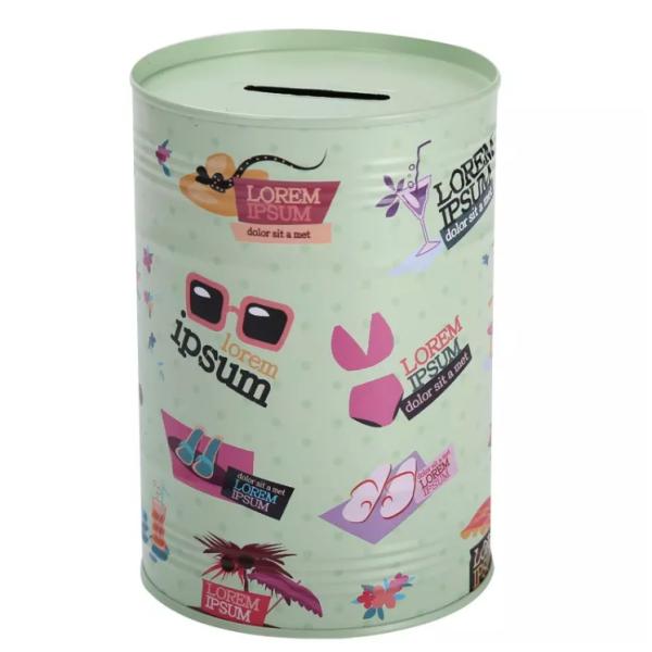 Cylindrical Sealed Metal Piggy Bank Retro Summer Style Pattern Money Box