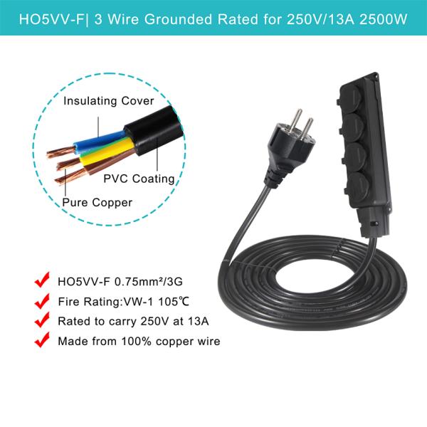 EU Schuko Type F Plug 4-Outlet Extension Cord 16A 250V