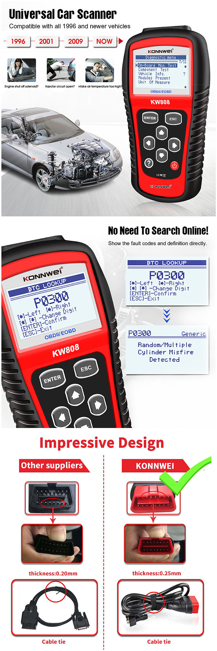 Automotive Read Erase OBDII Engine Code Reader KONNWEI KW808 With 2.8" Screen