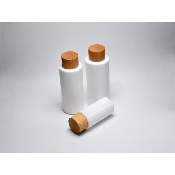 BG-194Q-J, 40, 100, 120ml opaque white glass lotion bottle with wooden screw cap, luxury glass cosmeceutical packaging