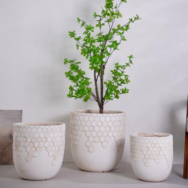 Natural Honeycomb Pattern Neutral Beige Round Lightweight Fiber Clay Planter