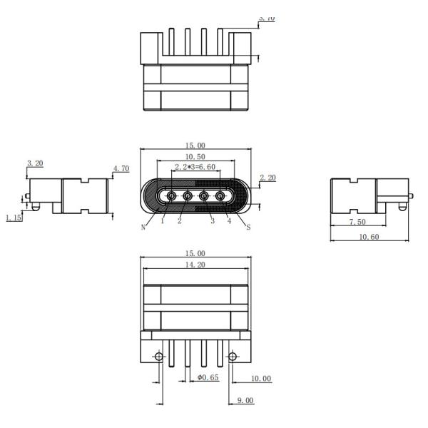 2.2mm Pitch Magnetic Connectors 3A Right Angle Pin Connector 4 Pin