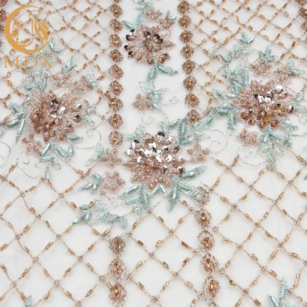 Gold Shiny Sequin Lace Fabric Tulle Embroidery Water Soluble For Evening Dress