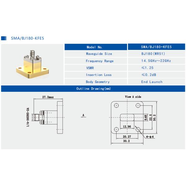9.84-15GHz WR75 to SMA Female End Launch Waveguide to Coax Adapter Brass SMA/BJ120-KFE