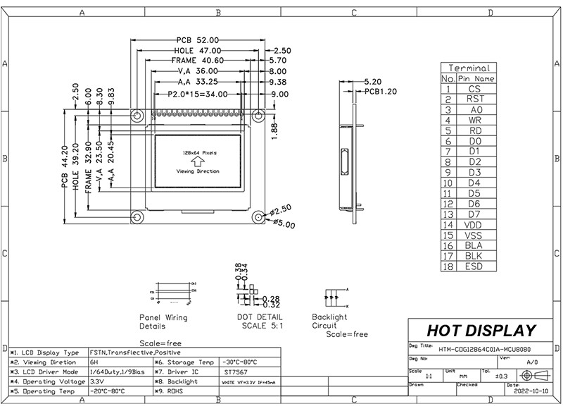 128X64 Dots Graphic FSTN COB LCD Module With White Side Backlight