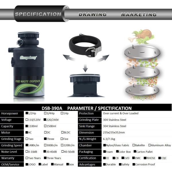 DSB-390A 2019 New Kitchen Appliance Food Waste Disposer 3/4 HP