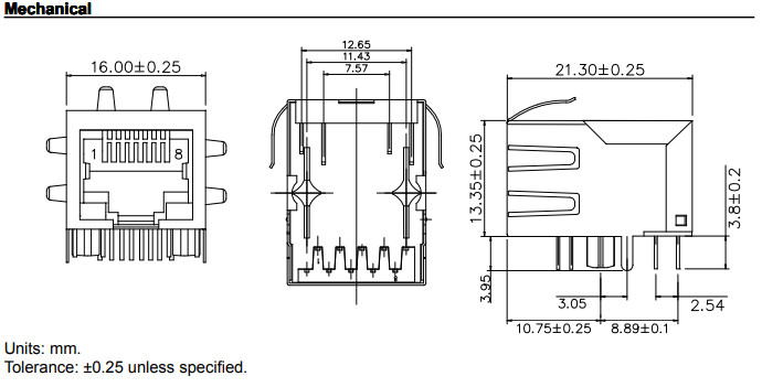 J1B1211CCD RJ45 Ethernet Connector MODULE WITH 10/100 BASE-TX
