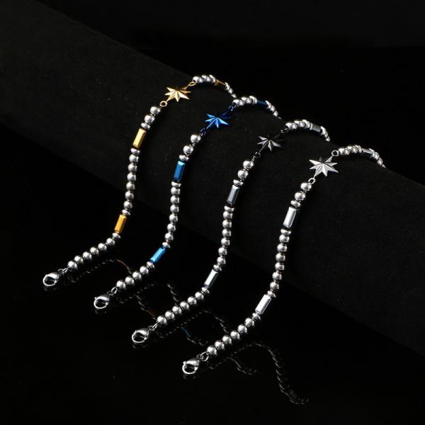 (Customized) Stainless steel men's bracelet, octagonal star Persian style trendy men's black stone bracelet