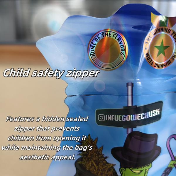 Child Resistant Stand-up Pouches Unique Contour Design Medical-Grade Recyclable Materials.