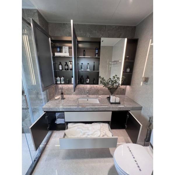 Customization Bathroom Vanity Cabinet With Soft Beige Color And Gray Marble Countertop