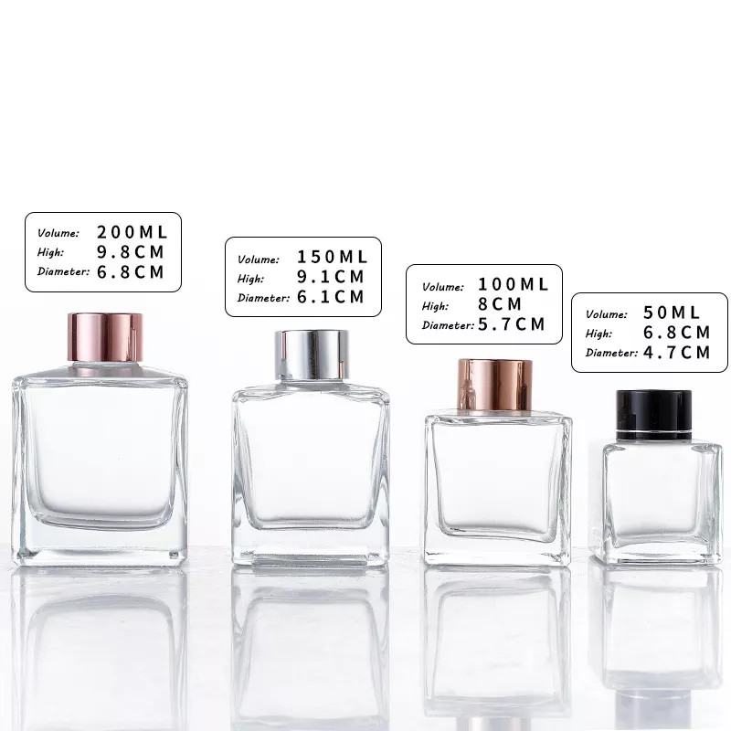 Different Sizes 50ml 100ml 200ml Empty Square Reed Diffuser Glass Bottles With Cork