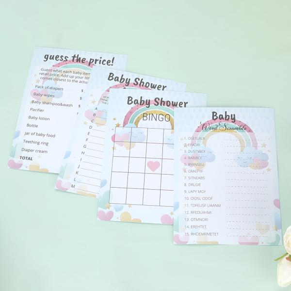4c Offset Printing 100 Pcs Baby Shower Games Cards Bingo Guess Who Is Right Word Scramble